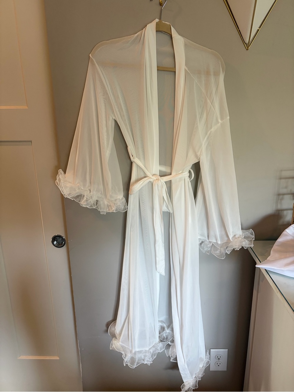 Sheer White Mesh Robe with Ruffled Trim - Women Intimates & Sleepwear